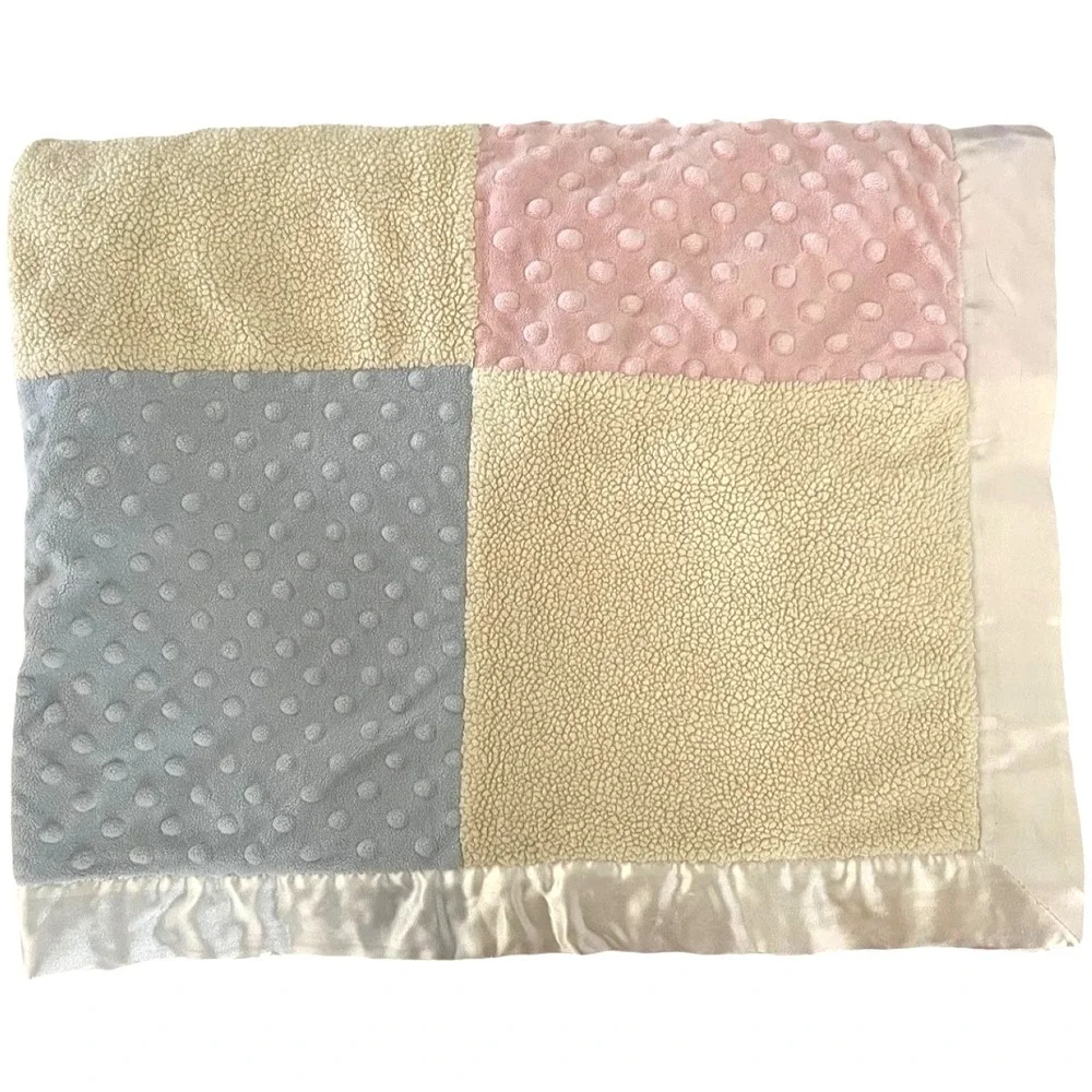 First Impressions Plush Patchwork Baby Blanket Unisex Blue Pink Yellow Satin